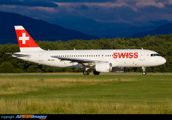 Swiss A320 with billboard titles departing from Geneva airport Airbus A320-214