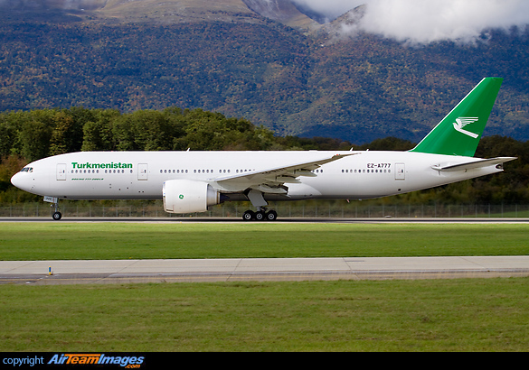 Turkmenistan Airlines Boeing 777 departing from Geneva airport. Boeing 777-22K/LR