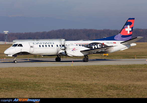 Darwin Saab 2000 with BSI Bank special colors taxying in GVA airport Saab 2000