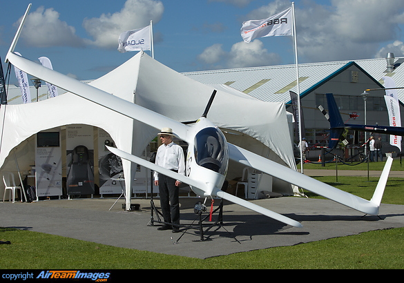 Tony Bishop co-founder and Director of e-Go aeroplanes with the prototype British ultralight and light-sport aircraft e-Go under development by e-Go aeroplanes of Cambridge is displayed for the first time at AeroExpo UK 2013 along with the Rotron e-Go engine and tailored MGL iEFIS. e-Go Prototype