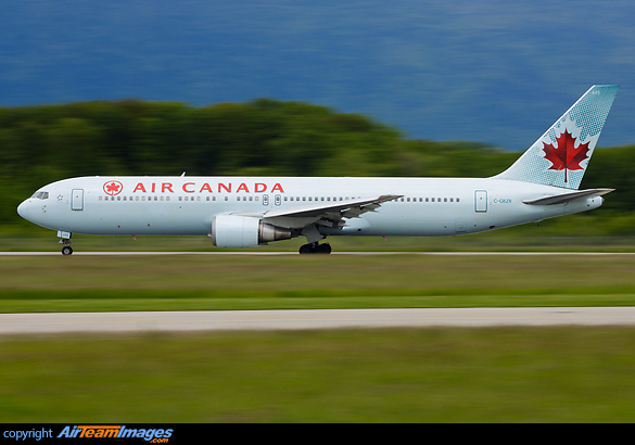 Motion-blurred panning image of Air Canada C-GBZR departing from GVA airport Boeing 767-38E/ER