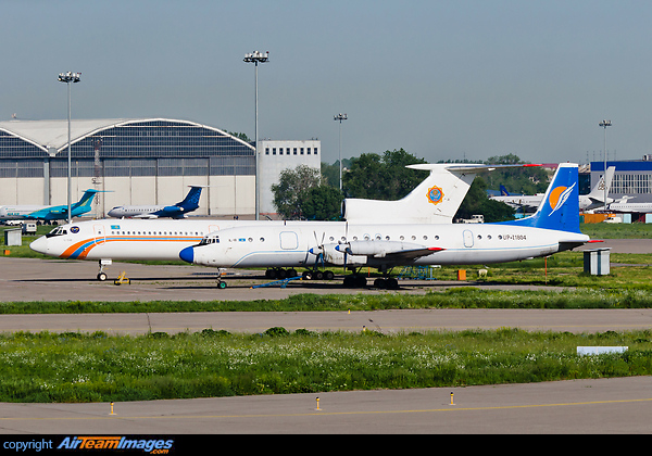 Parked on the ramp with a TU-154 (reg. UP-T5406) of Kazaviaspas next to it and some more aircraft in the background (e.g. SCAT Boeing 757 and Bek Air Fokker 100). Mega Air Ilyushin Il-18Gr