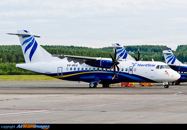 Delivered on 21 May 2011 as the fourth of five -500s in the fleet. In the background are its sistership VQ-BKO and VQ-BKP. ATR 42-500