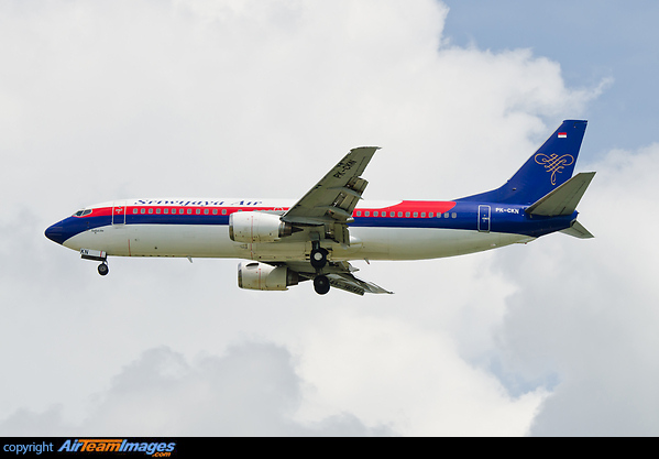 A former Carnival Airlines (N401KW) and Olympic (SX-BKN) aircraft that was supposed to go to Nasair, but went to now bankrupt Bremenfly as D-ABRF. It is operated by the Indonesian airline since 22-11-2011, having been named "Sukacita". Boeing 737-4Q8