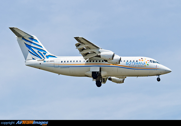 Former Lufthansa Cityline D-AVRP, now sporting the new Air Botswana colours and named GCWIHABA after the world heritage site. British Aerospace Avro RJ85