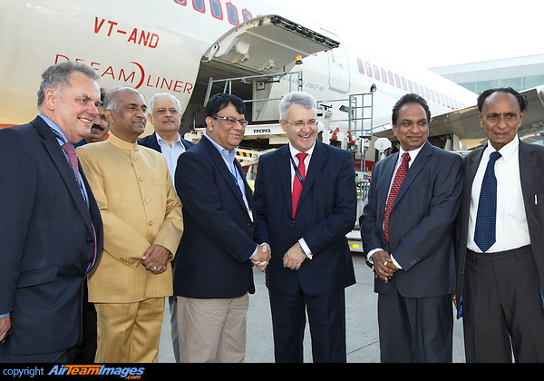 Birmingham Airport CEO Paul Kehoe (centre) welcomes representatives from Air India to celebrate the launch of the new Air India Boeing 787 Dreamliner Birmingham Delhi & Amritsar service. The photo shows Sir Albert Bore (Leader of Birmingham City Council), Mr Ramalingam (Indian Consul General in Birmingham), Deepak Brara (Commercial Director, Air India), Rohit Nandan (Chairman of Air India), Mr Kailash Singh (General Manager UK and Ireland, Air India). Boeing 787-8 Dreamliner