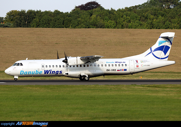 A variation on Danube Wings' usual livery, presumably to highlight the various promotional stickers on the rear fuselage. ATR 72-202