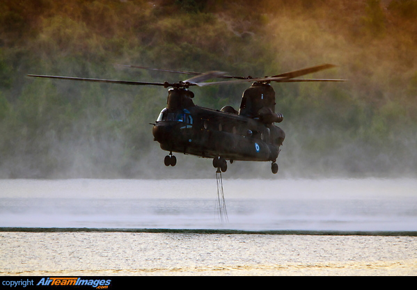 Hellenic Army Boeing CH-47SD Chinook picking up some water from Apolakkia lake in southern Rhodes Boeing CH-47SD Chinook