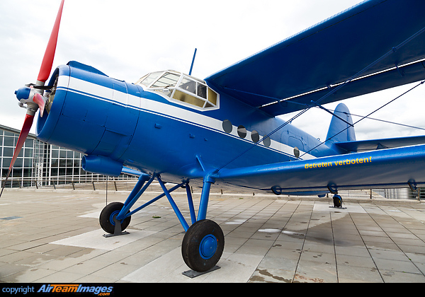Exhibited at the visitor's viewing platform on the rooftop of the Stuttgart Airport Terminal Antonov An-2