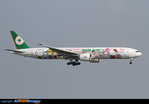 First revenue flight of the latest Hello Kitty themed colour scheme from EVA. This one featuring all the cartoons from the Sanrio range. Boeing 777-35E/ER