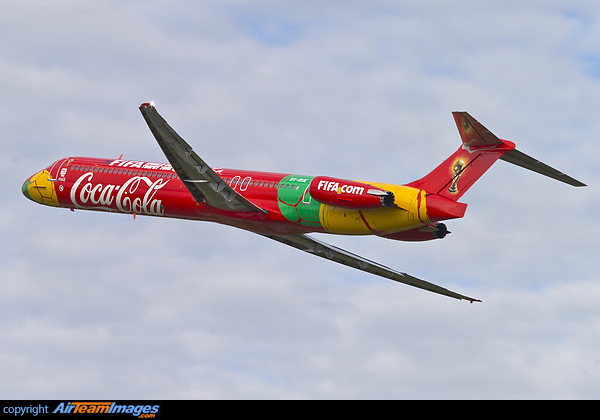 Official carrier of the FIFA World Cup trophy (sponsored by Coca Cola) departing for Atlanta, USA starting its roundtrip to 88 countries. McDonnell Douglas MD-83
