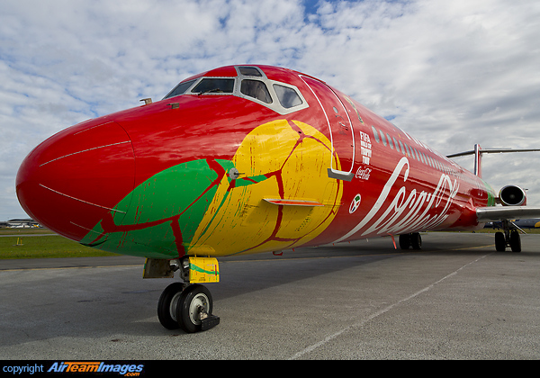Official carrier of the FIFA World Cup trophy (sponsored by Coca Cola) departing for Atlanta, USA starting its roundtrip to 88 countries. McDonnell Douglas MD-83
