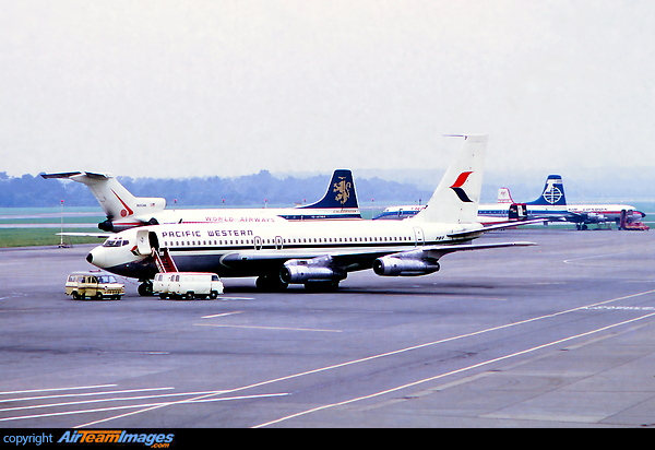 Delivered to Qantas as 707-138 VH-EBA in July 1959. Converted to 707-138B with turbofans in September 1961. Operated by Pacific Western Airlines from 1969 until sale in October 1978. vThis was the first pure jet for QF, now preserved at Longreach. Boeing 707-138B