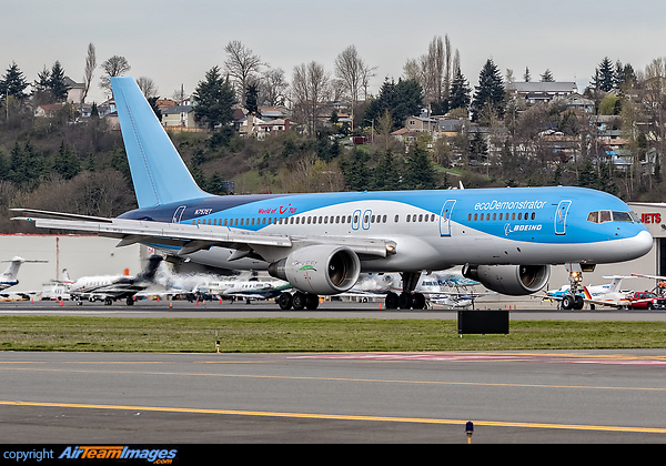 Boeing will use a 787 airplane and a 757 airplane over the next several years to test and refine new technologies to improve aviations environmental performance. N757ET is here seen returning to Boeing Field after a photo flight. Boeing 757-222