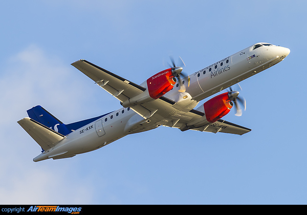 This Saab 2000 SE-KXK is in the full colour scheme of Scandinavian Airlines, but operated by Braathens Regional. Braathens Regional has no destinations of its own, as all of its scheduled services are operated for other carriers under wet lease. Saab 2000