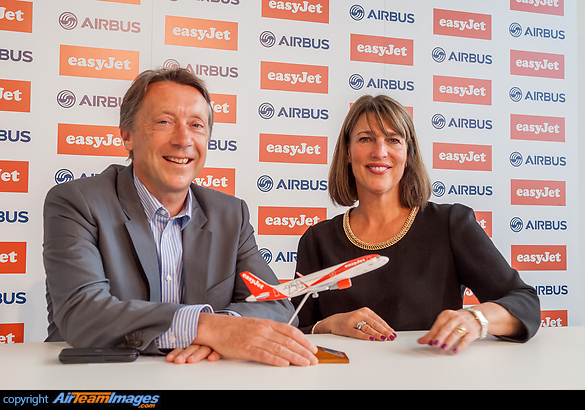 Carolyn McCall, CEO easyJet, and Christopher Buckley, Airbus EVP Europe, Africa and Asia-Pacific, during the press conference. Carolyn McCall - CEO easyJet