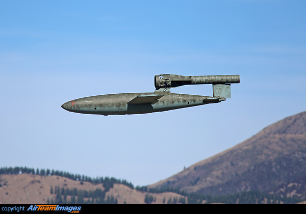 A radio controlled replica of a V-1 flying bomb flying at Omaka Airshow 2015. V-1 flying bomb