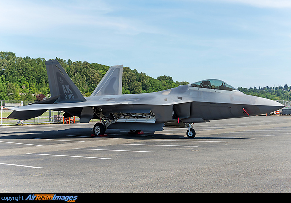 F-22 from the Elmendorf Air Force Base, Alaska on display in front of Museum of Flight, Seattle with its weapons bays open. Lockheed Martin F-22A Raptor