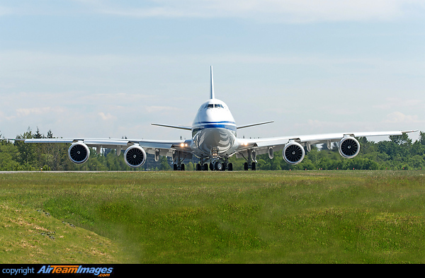 Head on shot of the latest Queen of the skies turning on runway 34L to take off on a test flight Boeing 747-89L