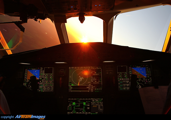 Beautiful sunset into the cockpit during a training flight Dassault Falcon 2000LX