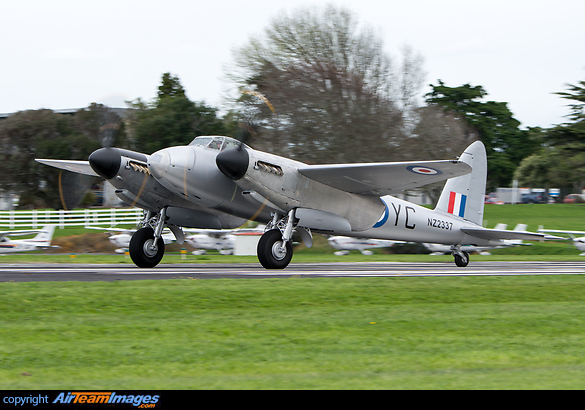 Take off for first flight TV959 on runway 03. In temporary 75 Squadron RNZAF markings. de Havilland Mosquito T.III