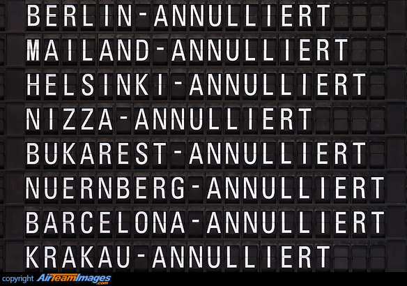 Flight departure board during Lufthansa pilot strike with most flights not taking place - "ANNULIERT" means cancelled. Frankfurt Main Airport
