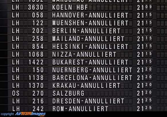 Flight departure board during Lufthansa pilot strike with most flights not taking place - "ANNULIERT" means cancelled. Frankfurt Main Airport