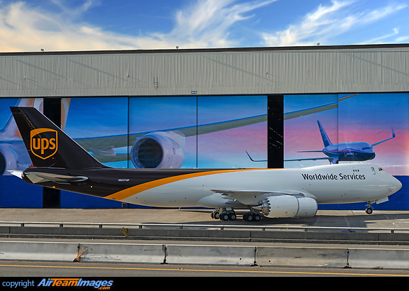 UPS first Boeing 747-8 freighter parked in front of the Boeing factory for an official UPS celebration event Boeing 747-8F