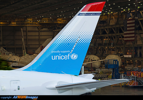 Norwegian Air UK's latest 787-9 long haul dreamliner tail featuring UNICEF Boeing 787-9 Dreamliner