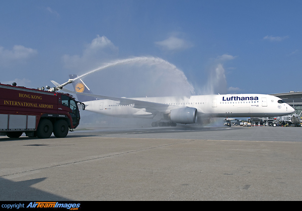 Water salute welcoming Lufthansa A350-900 first flight to Hong Kong! Airbus A350-941
