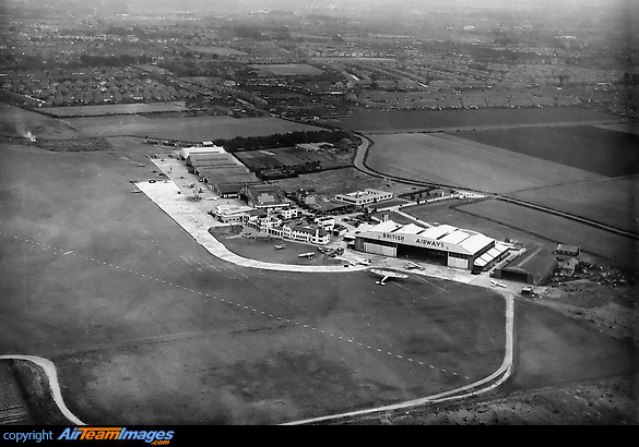 Very rare overview of Heston Airport in 1938 with G-AEPU a rare Fokker F.VIII parked outside the British Airways hangar. Previously with KLM as PH-AEI it was sold to British Airways in 1937 and used to transport passengers across the English Channel. Heston Airport