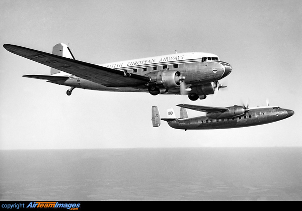 BEA operated the Airspeed Ambassador between 1952-1958, calling them their "Elizabethan Class" in honour of the newly crowned Queen. This the flagship of the fleet G-ALZN, appropriately named "RMA Elizabethan in formation with DC-3 G-AGJV Airspeed Ambassador & DC-3
