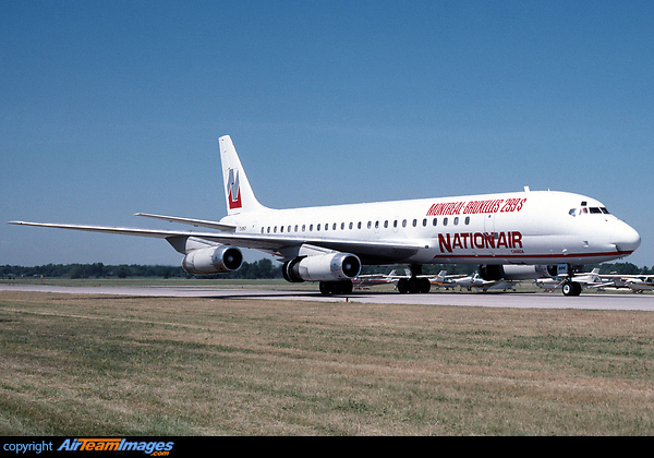 Nationair DC-8 C-GMXY in its last scheme with addition of advertising the 'MONTREAL-BRUXELLES 299$' route with price Douglas DC-8-62