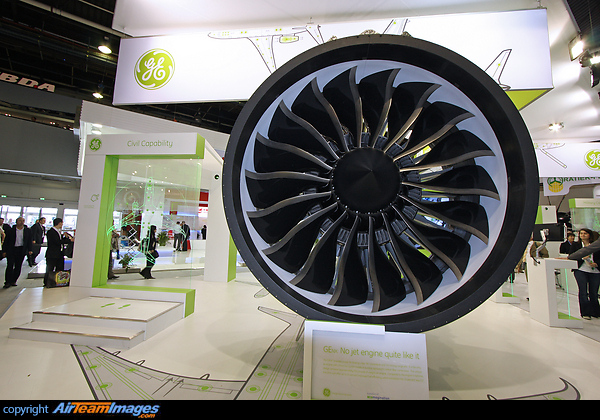 General Electrics Stand during Paris Airshow displaying the General Electric GEnx engine which is being used on the new B747-8 and 787 Dreamliner aircraft. General Electric GEnx Engine