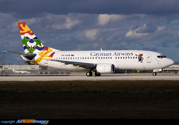 A Cayman Airways Boeing 737 lining up on the runway Boeing 737-36E