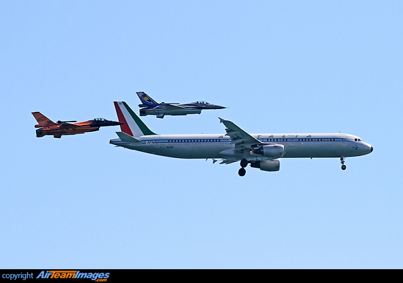 This retro Alitalia Airbus A321 EI-IXI performed a flypast at Rome International Air Show 2012, flanked by F-16's of the Belgian and Netherlands Airforces. Airbus A321 & F-16s