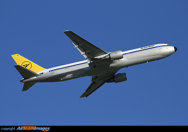 This Boeing 767 EI-CRF has been painted in a new 'retro' Condor scheme at Manchester. The aircraft will be re-registered D-ABUM and formerly operated for Alitalia. Boeing 767-31B/ER