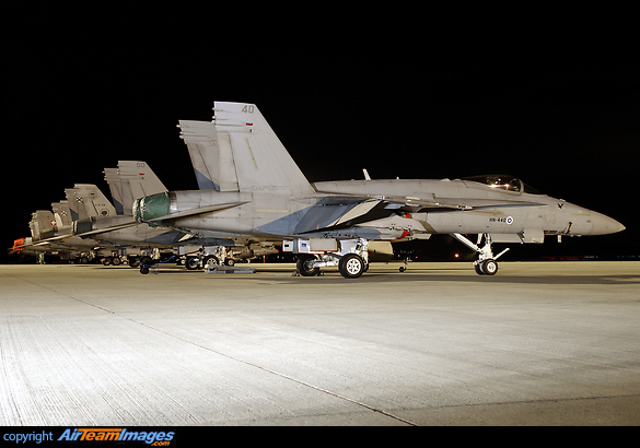 Tampere based HavLLv 21 F-18C HN-440 of the Finnish AF heads a line up of Finnish, Spanish and Swiss Hornets at Fairford. F/A-18C Hornet