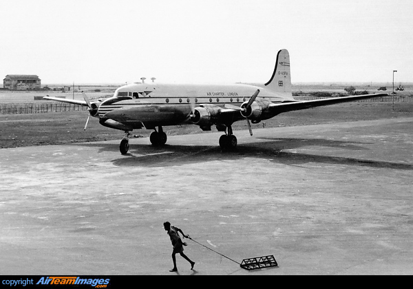 Douglas C-54 Skymaster G-AOFW of Air Charter named "Jason" arriving at RAF Khormaksar, Aden Douglas C-54 Skymaster