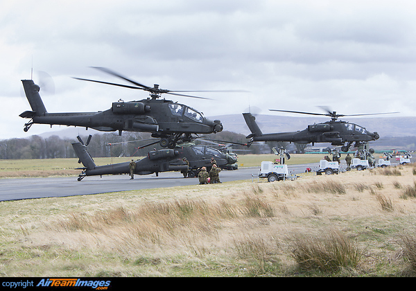 Dutch AH-64 serials Q-14 and Q-25 taking part in EX 'Tac Blaze' as they depart Carlisle Airport with Q-19 awaiting orders Boeing AH-64D Apache Longbow