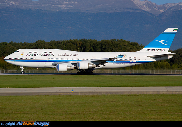 A Kuwait Airways Boeing 747-400 departing from Geneva airport Boeing 747-469M