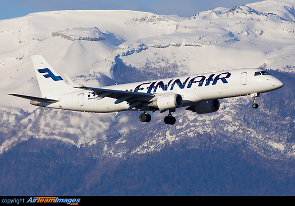 Finnair Embraer 190 landing at Geneva airport, seen in front of a winter backdrop Embraer ERJ-190LR