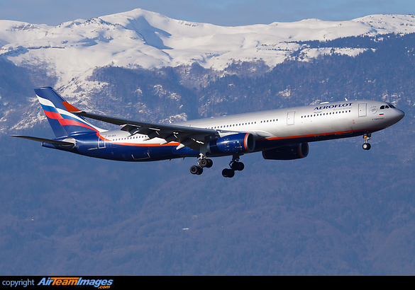 Aeroflot Airbus A330 landing at Geneva, seen in front of a winter backdrop. Airbus A330-343X