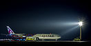 Qatar's FC Barcelona logojet on the deice pad prior to its departure.