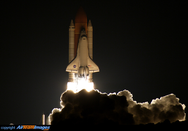 "Endeavour" departs on the 6,577,800 mile STS-123 mission at 2:28:14 a.m. EDT on March 11, 2008. The Stack is just clearing the lightning tower and the steam clouds created by the flames hitting the water from the noise suppression system that blanket the surface of the pad in the seconds before ignition. Space Shuttle Endeavour