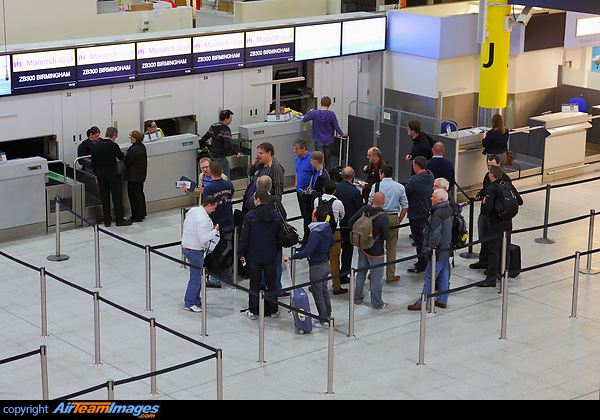 Check-in opens for Monarch Airlines flight ZB300 from London Gatwick to Birmingham International Airport. This special flight was arranged by Monarch Airlines to mark the last Airbus A300 passenger flight in Europe. Monarch Check-in-Flt ZB300
