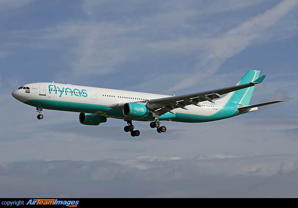 The inaugural flight arriving on a new FlyNas service between Jeddah and Manchester. Airbus A330-322