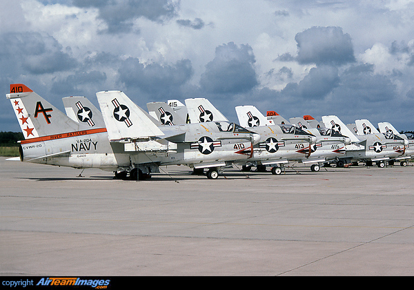 Ramp shot of several A-7's tail code AF LTV A-7B Corsair II