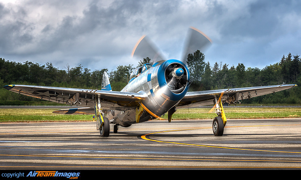Manufactured by Republic Aviation in Evansville, Indiana, and delivered to the USAAF on June 27, 1945. It was placed in storage until March, 1948, when it was assigned to an Air National Guard squadron. FHC's Thunderbolt is painted in the colors of the "Tallahassee Lassie," flown by Seattle-born Colonel Ralph C. Jenkins. He led the 510th Fighter Squadron, initially in England and later all the way through Europe to Germany at the end of WWII. Colonel Jenkins may be the pilot who attacked the staff car of Field Marshall Erwin Rommel, wounding the German commander. Tallahassee Lassie is here seen coming back from a demonstration flight during Paine Field Aviation Day on May 17th. Republic P-47D Thunderbolt