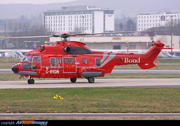 Arriving at its Aberdeen base after a flight from a North Sea oil platform. This is Bond's original livery. AS-332L2 Super Puma Mk2